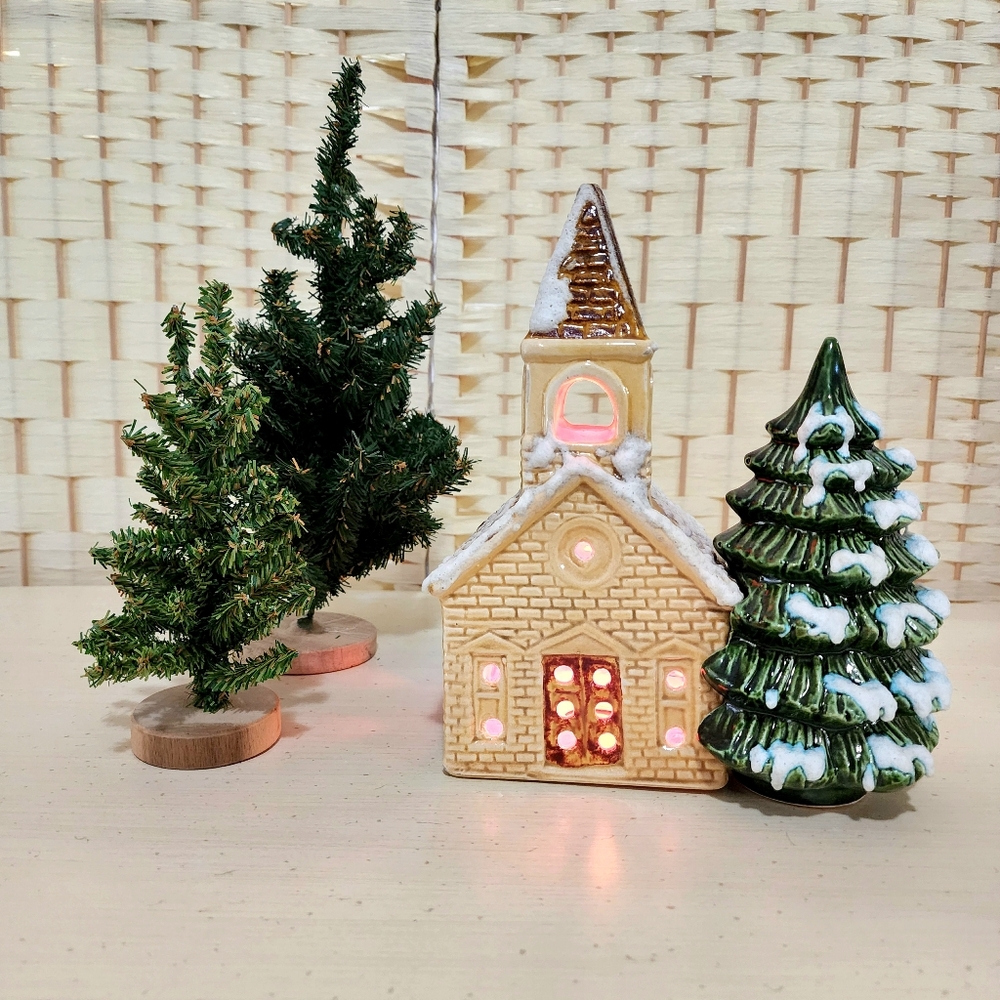 1980 California Pottery Snow Village Chapel Lighted Christmas Church & 6 Trees